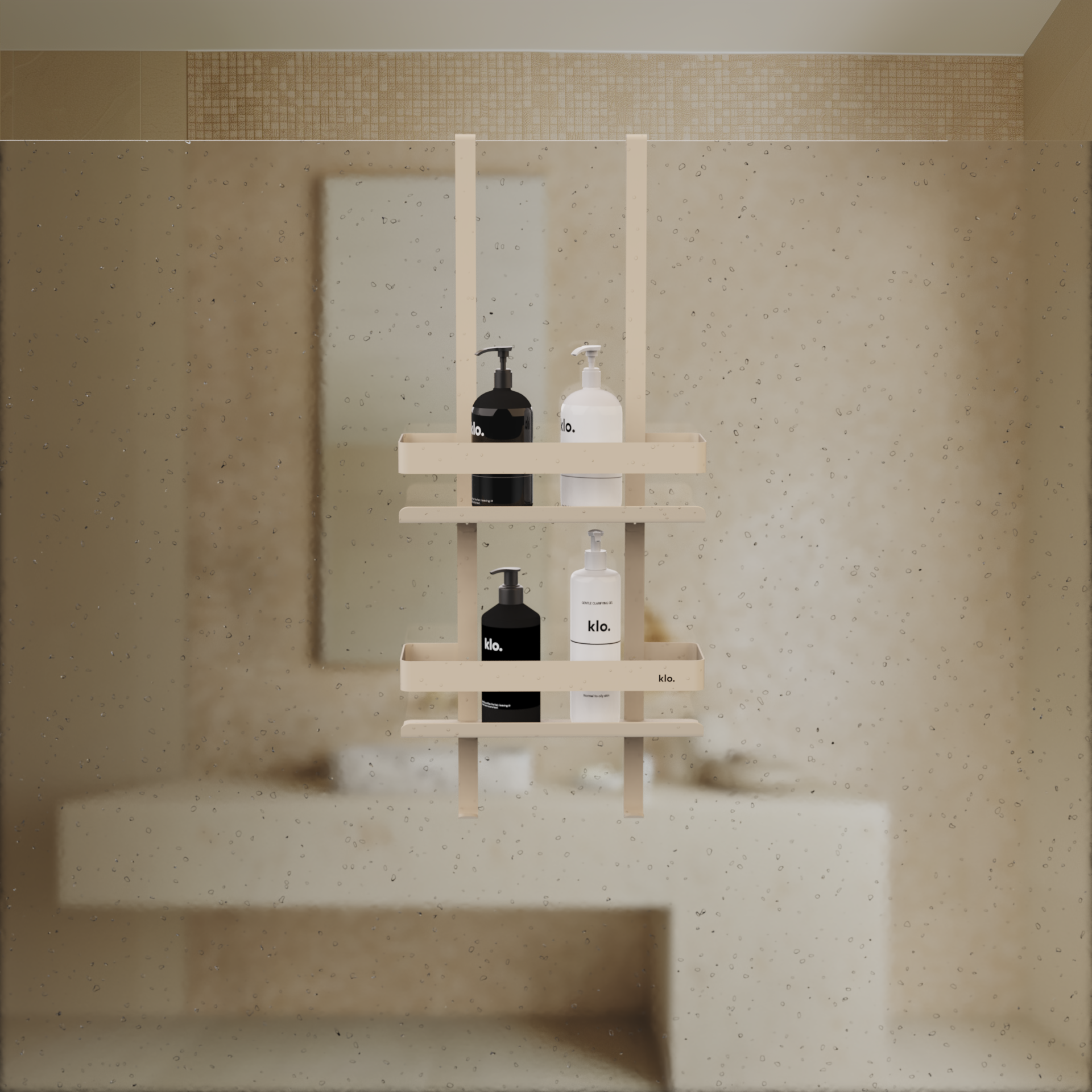 A premium hook-over-glass shower basket without for drill-free installation. 