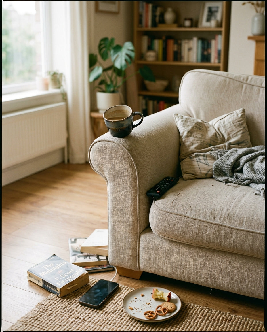 A cluttered sofa arm with a mug balancing on it and books on the floor