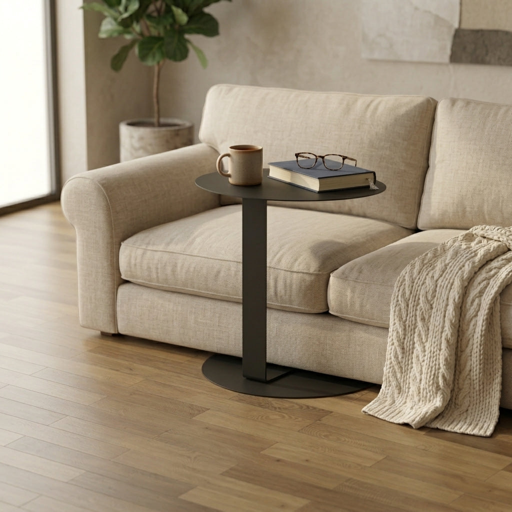 The Klo. Side Table beside a linen sofa holding a mug and a book